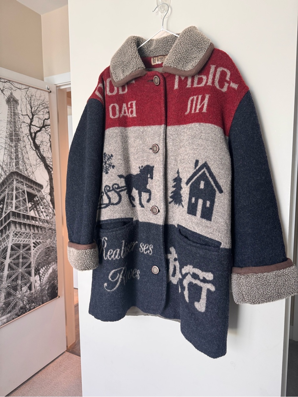 Vintage Rue Grenelle Wool Winter Coat Horse Sleigh Print